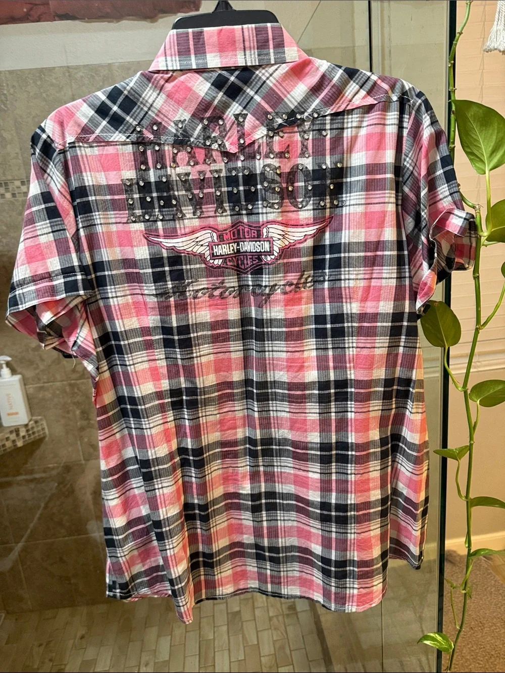 Harley Davidson women’s Pink Plaid Short-Sleeve Button-Up Shirt